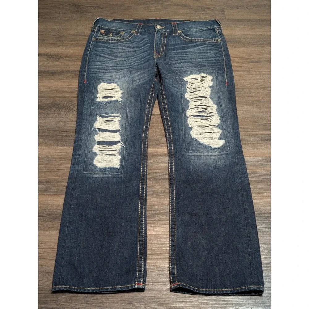 True Religion Straight Leg Distressed Jeans Mens 38 Dark Wash Ripped Denim Blue